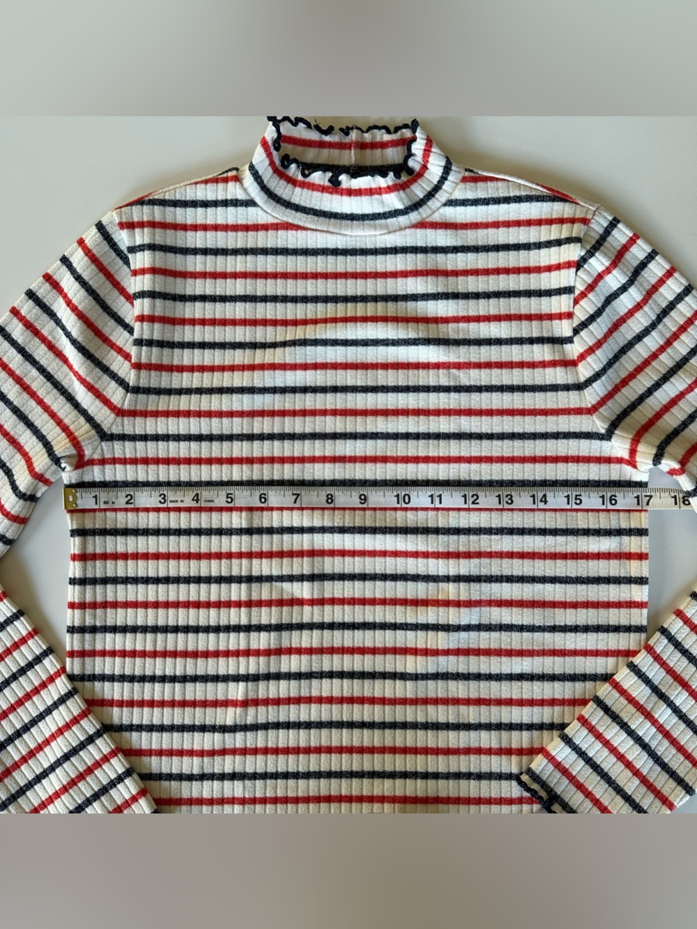 J. Crew Ribbed Ruffle Edge Striped Mock Neck - Picture 4 of 5